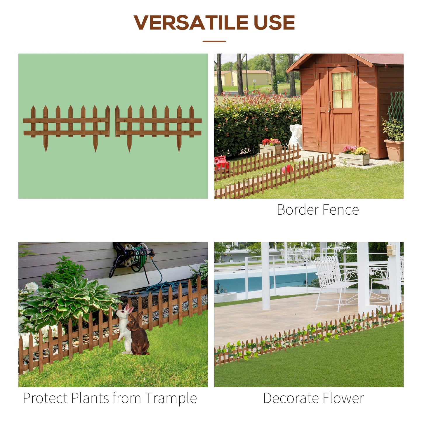 Outsunny 24 Pack Wooden Border Fences For Garden Edging And Flowerbeds 60L x 1D x 34H Cm Brown
