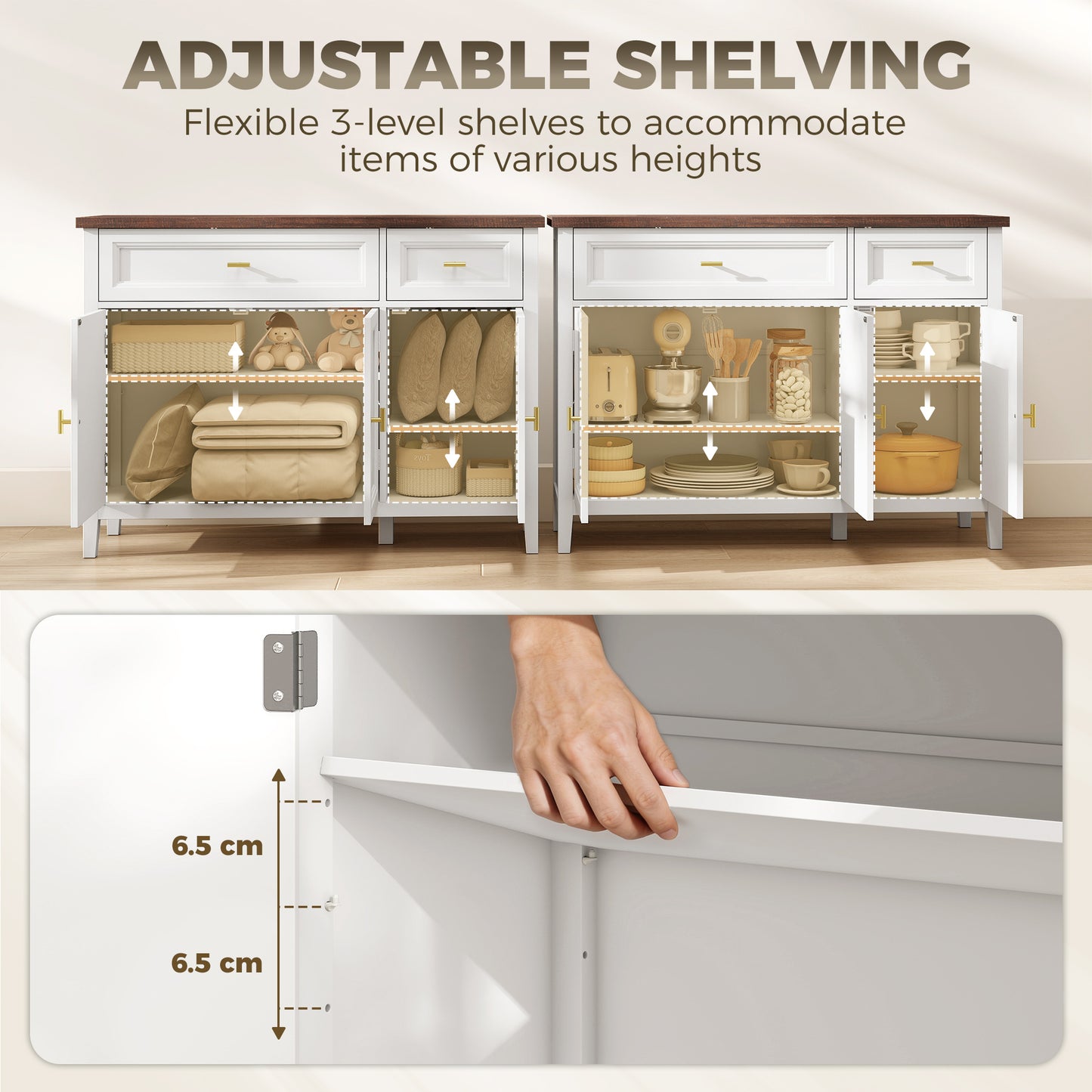 HOMCOM Modern White Sideboard With Three Doors Two Drawers And Adjustable Shelves For Storage