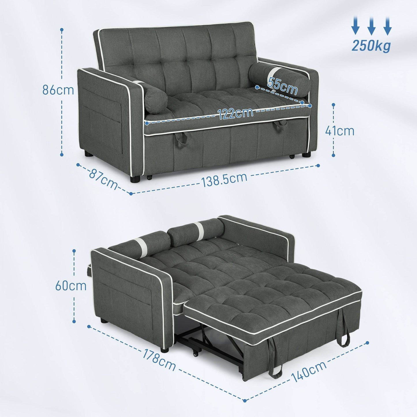 HOMCOM Charcoal Grey Linen-Look Convertible Sofa Bed with Adjustable Backrest - ALL4U RETAILER LTD