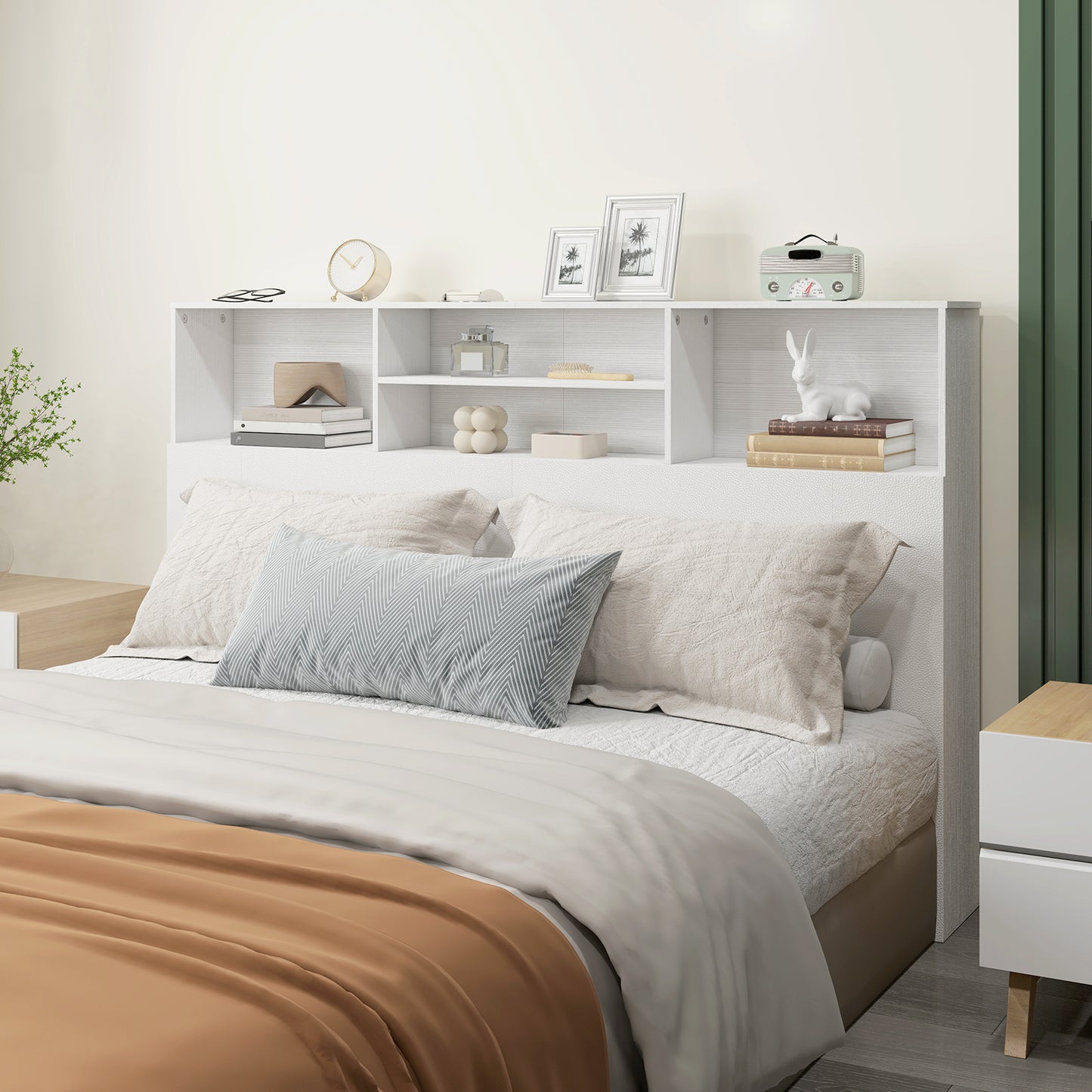 HOMCOM King Size Freestanding Bed Headboard With Storage 4 Open Compartments For Bedroom White