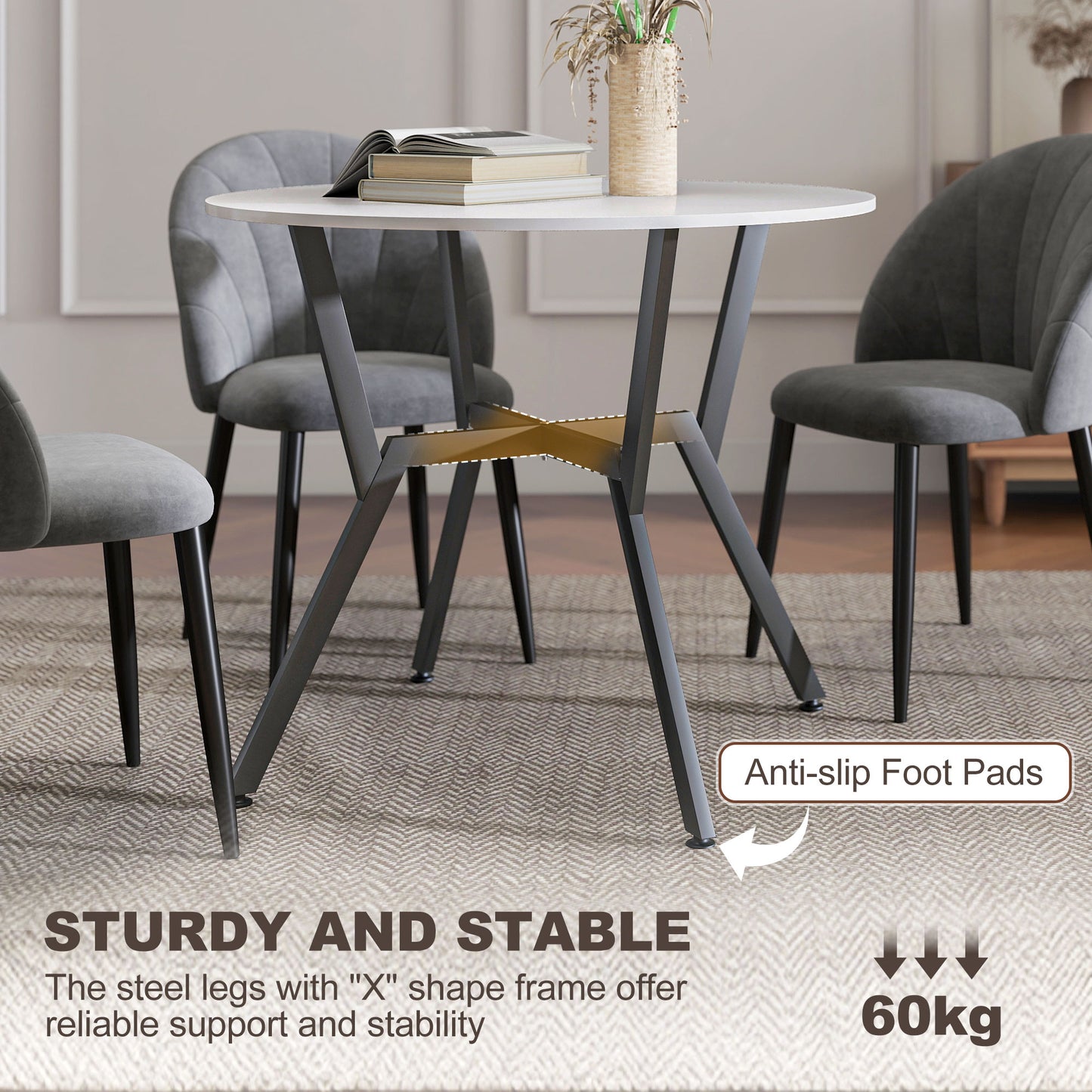 HOMCOM Round Dining Table With Black Metal Legs 90 By 76 cm High Gloss White For Living Room And Dining Room
