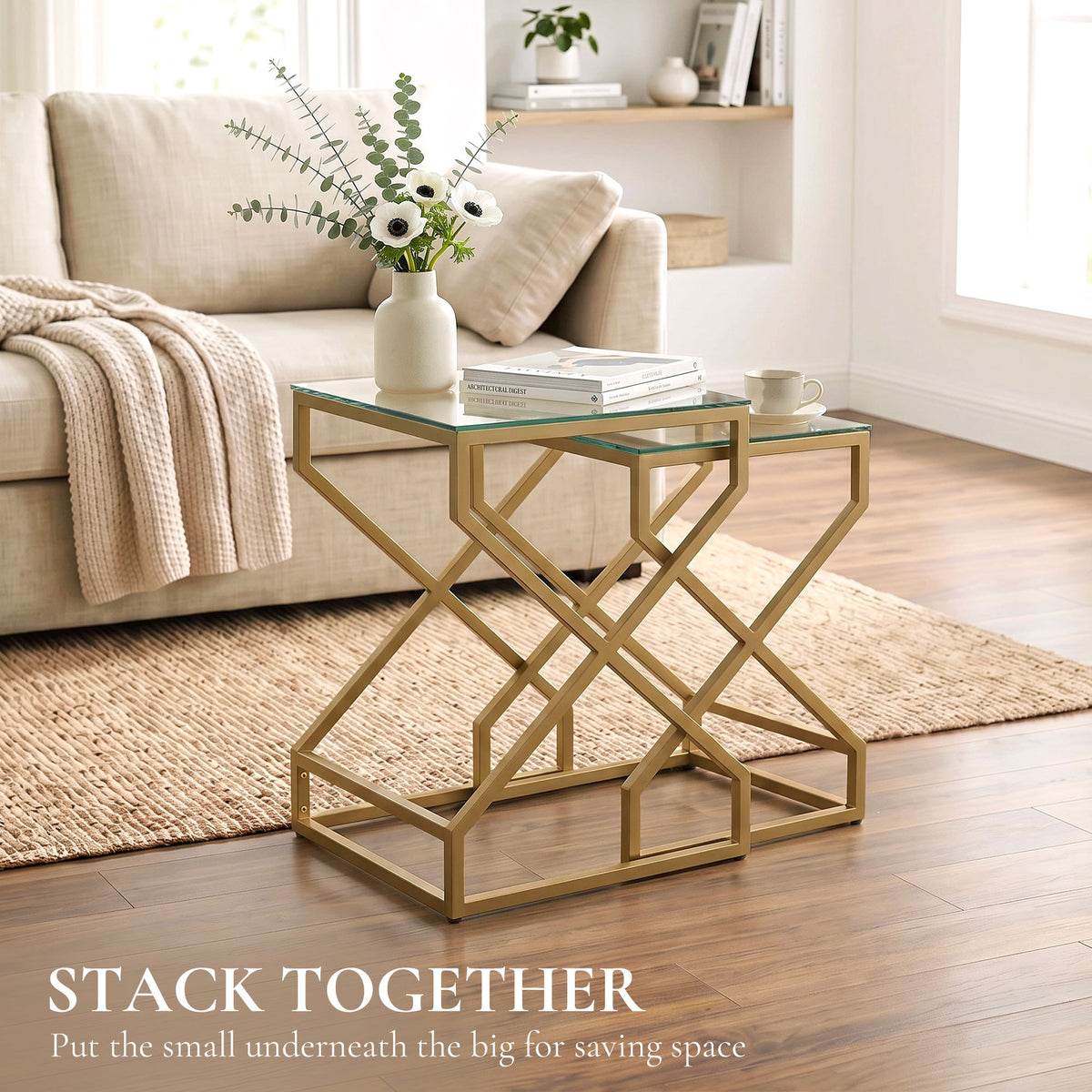 HOMCOM Set Of 2 Nesting Side Tables With Tempered Glass Tops And Steel Legs