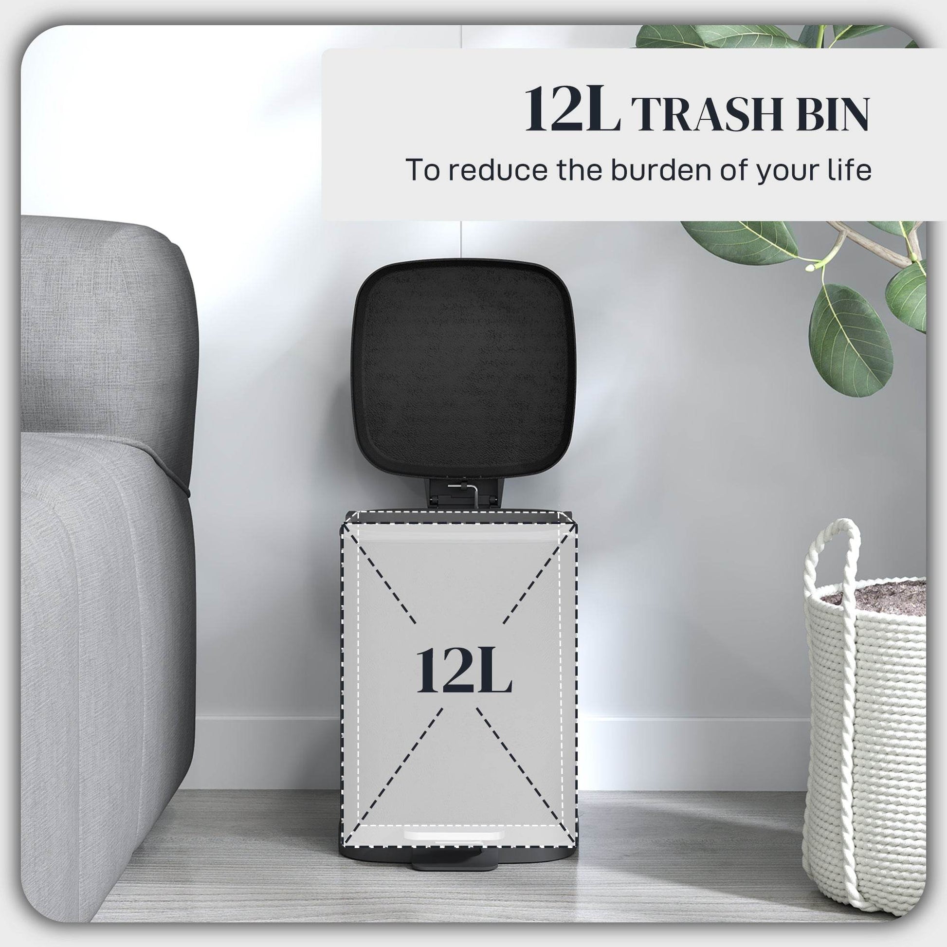 HOMCOM 12L Stylish Black Metal Kitchen Trash Bin - Compact Design - ALL4U RETAILER LTD