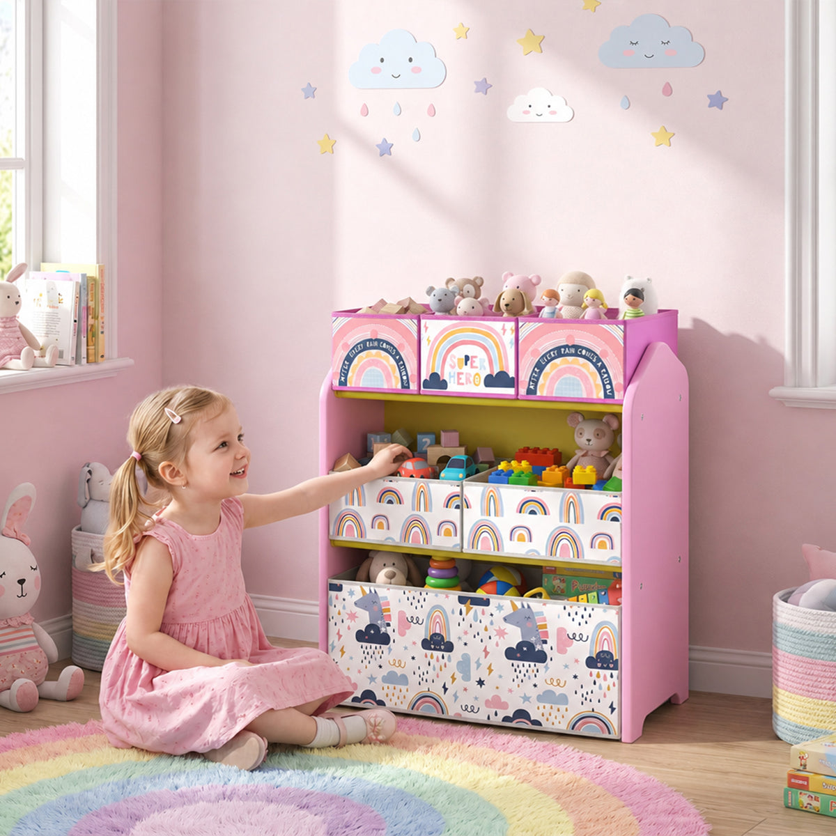 Pink toy storage rack with six fabric bins and rainbow fronts, child reaching inside