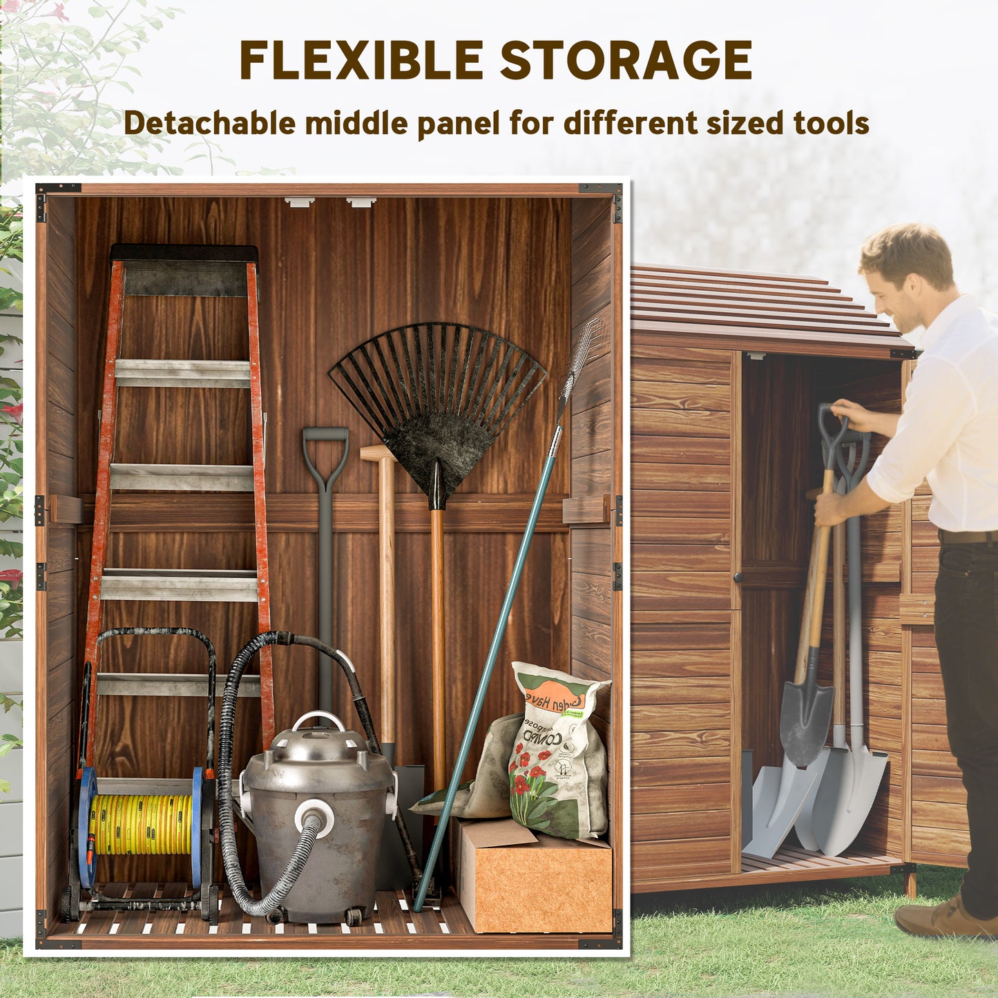Outsunny 103.5 x 59 Cm Wooden Garden Shed Brown With Slatted Base And Upper And Lower Shelves