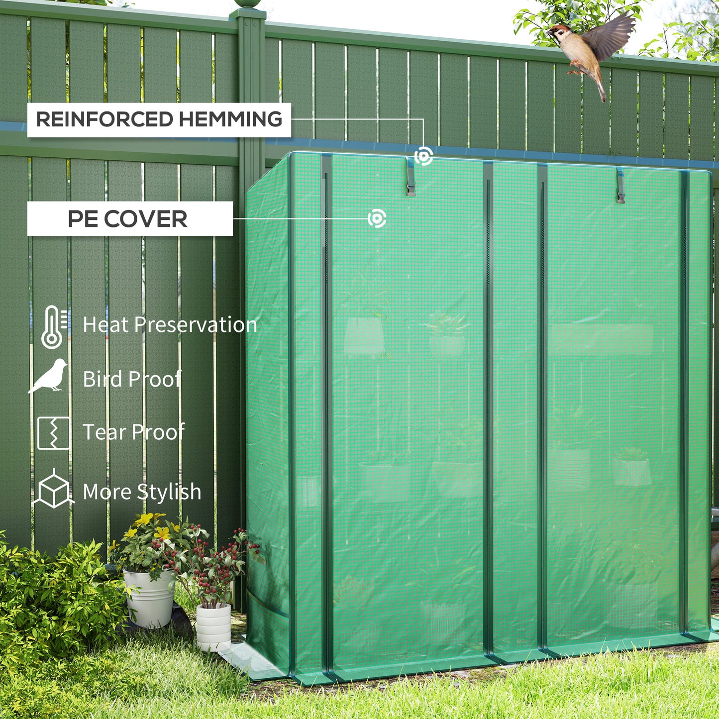 Outsunny Three Tier Mini Greenhouse Green With Roll Up Zip Door And 140 Gram Per Square Meter Plastic Cover