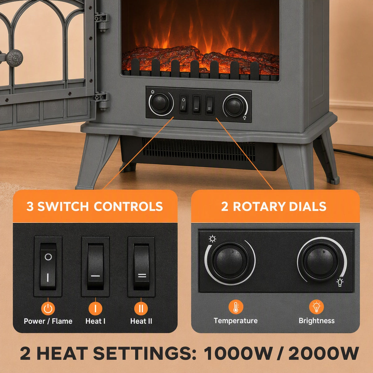 HOMCOM Freestanding Electric Fireplace Log Burner With LED Flame Effect