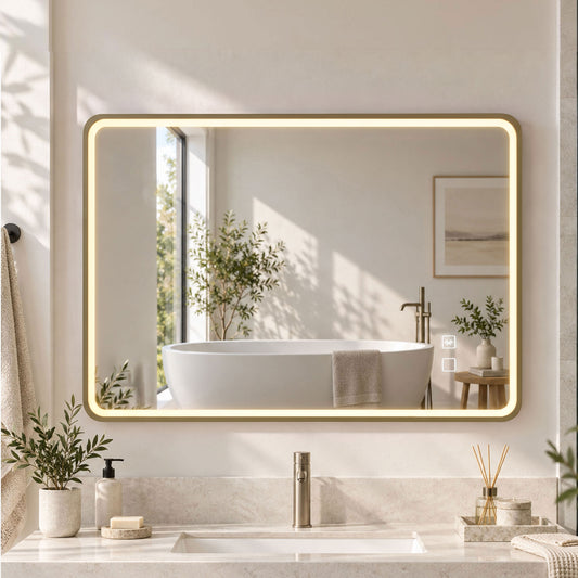 Gold-framed LED bathroom mirror over bathtub, bright perimeter glow