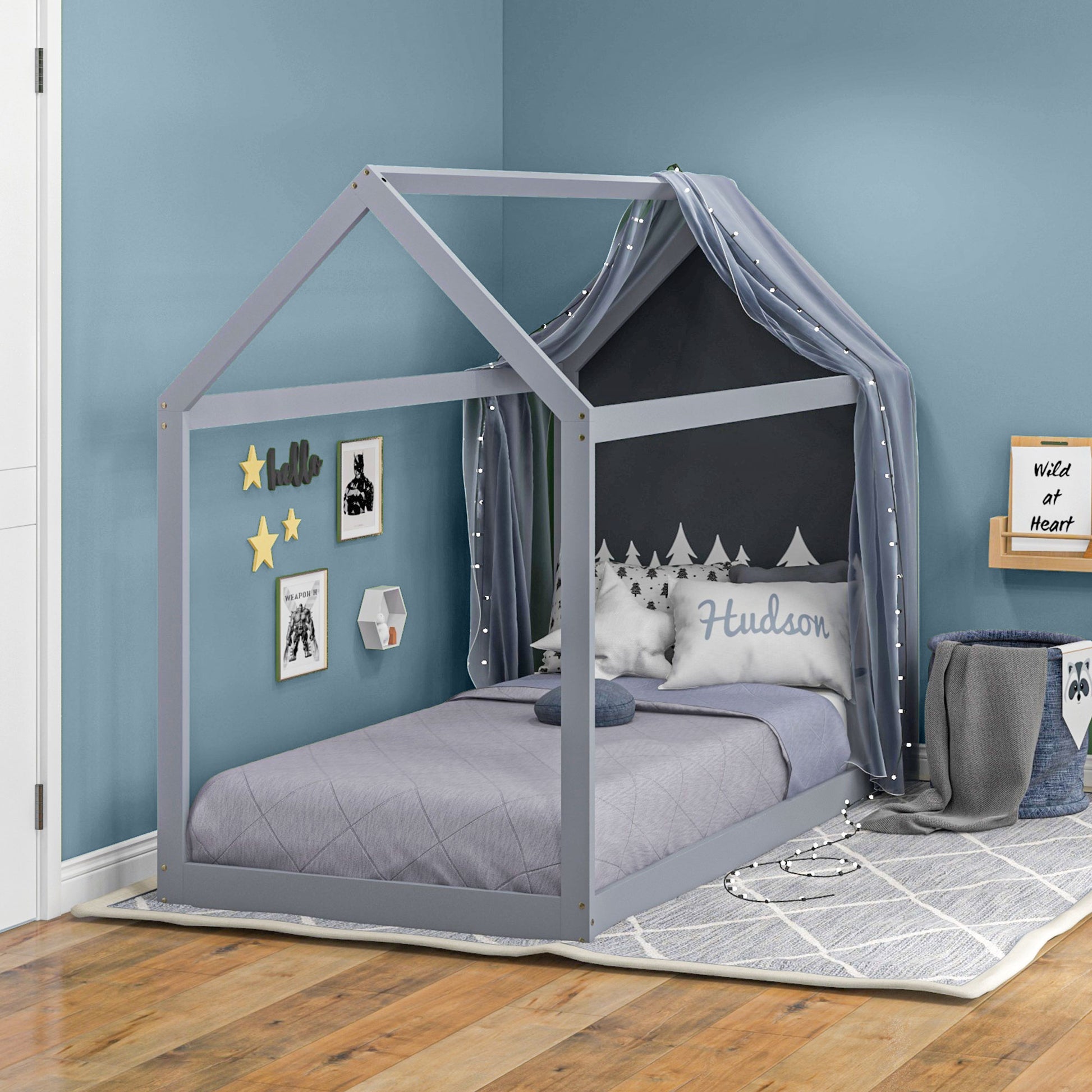 Scandinavian Style House-Shaped Single Bed Frame in Grey for 90W x 190Dcm Mattress - ALL4U RETAILER LTD