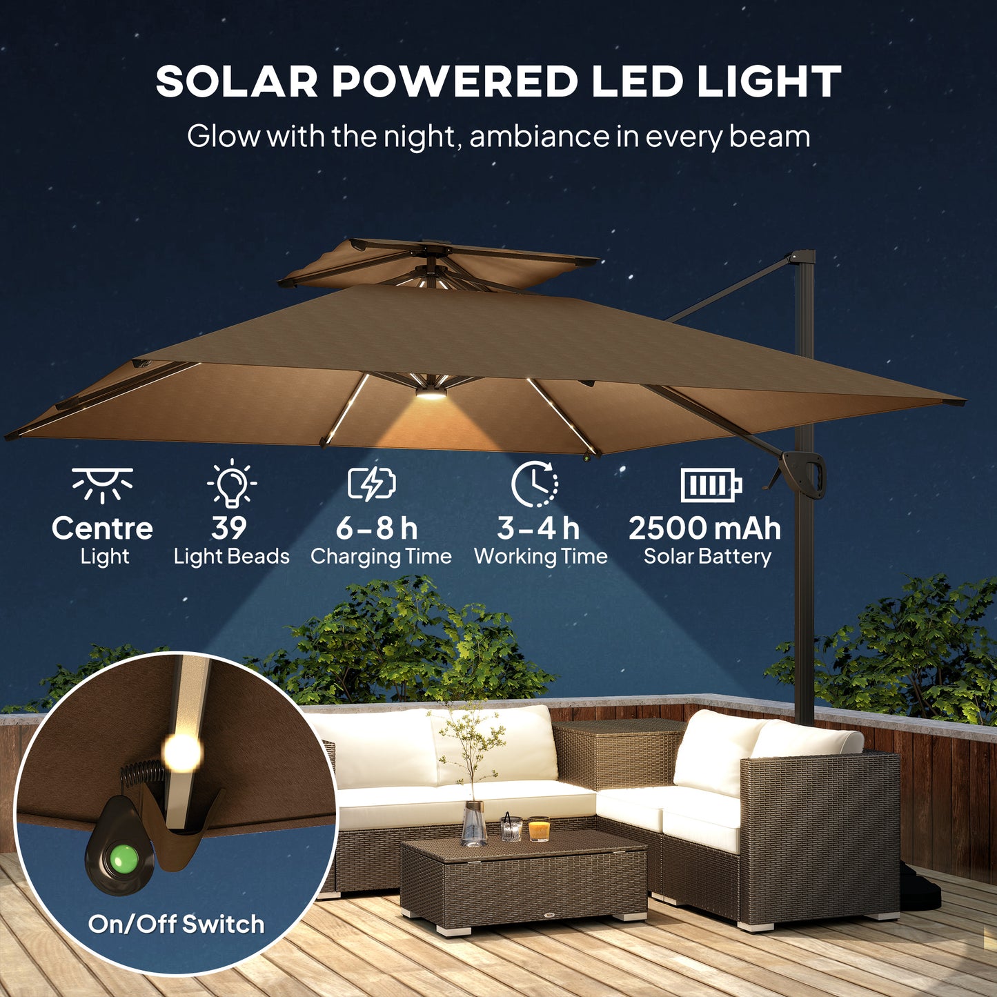 Outsunny Multi Angle LED Light Parasol Umbrella With Solar Powered Lights UPF 50 Plus Canopy Tiltable 360 Degree Swivel