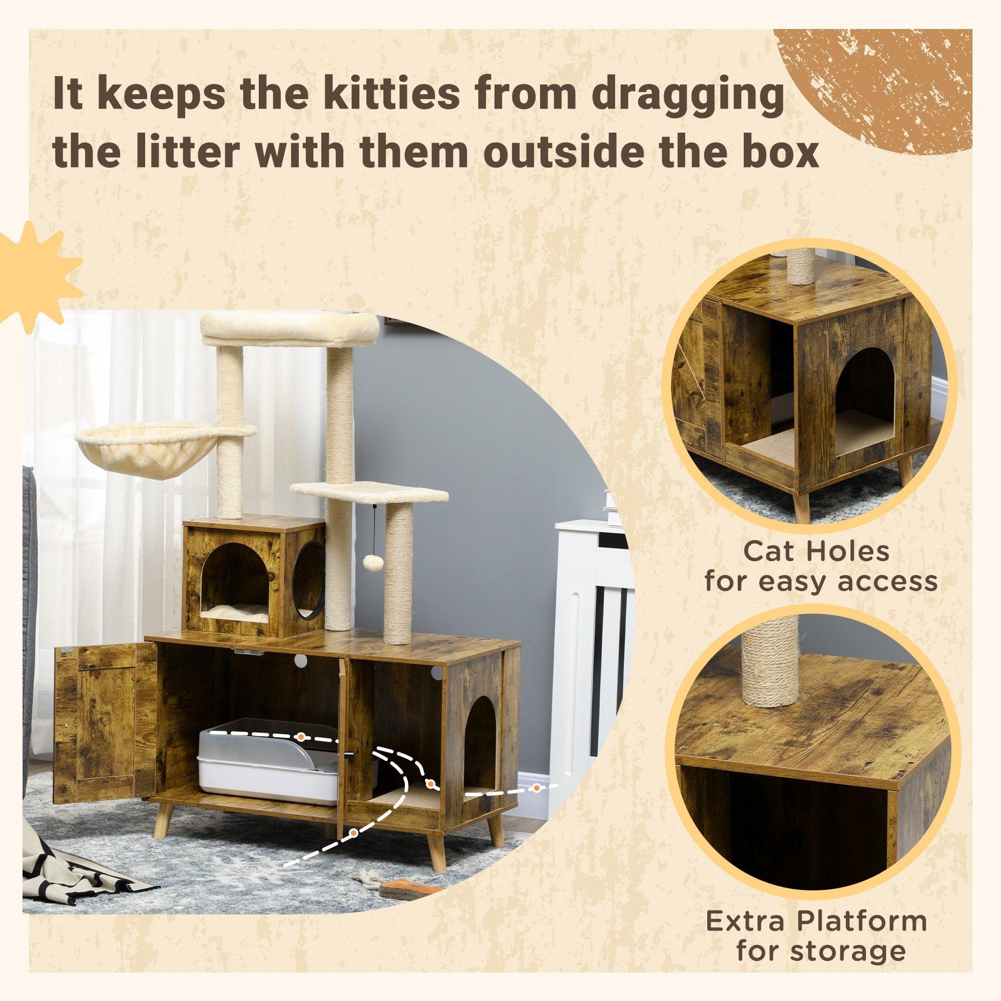 PawHut Rustic Brown Cat Litter Box Enclosure with Tree Tower, Cat House, Hammock - ALL4U RETAILER LTD