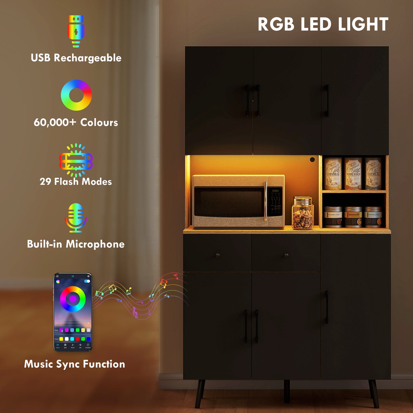 HOMCOM 176 Cm Kitchen Cupboard With LED Lights Oak And Black RGB Mood Lighting Over Sixty Thousand Colours