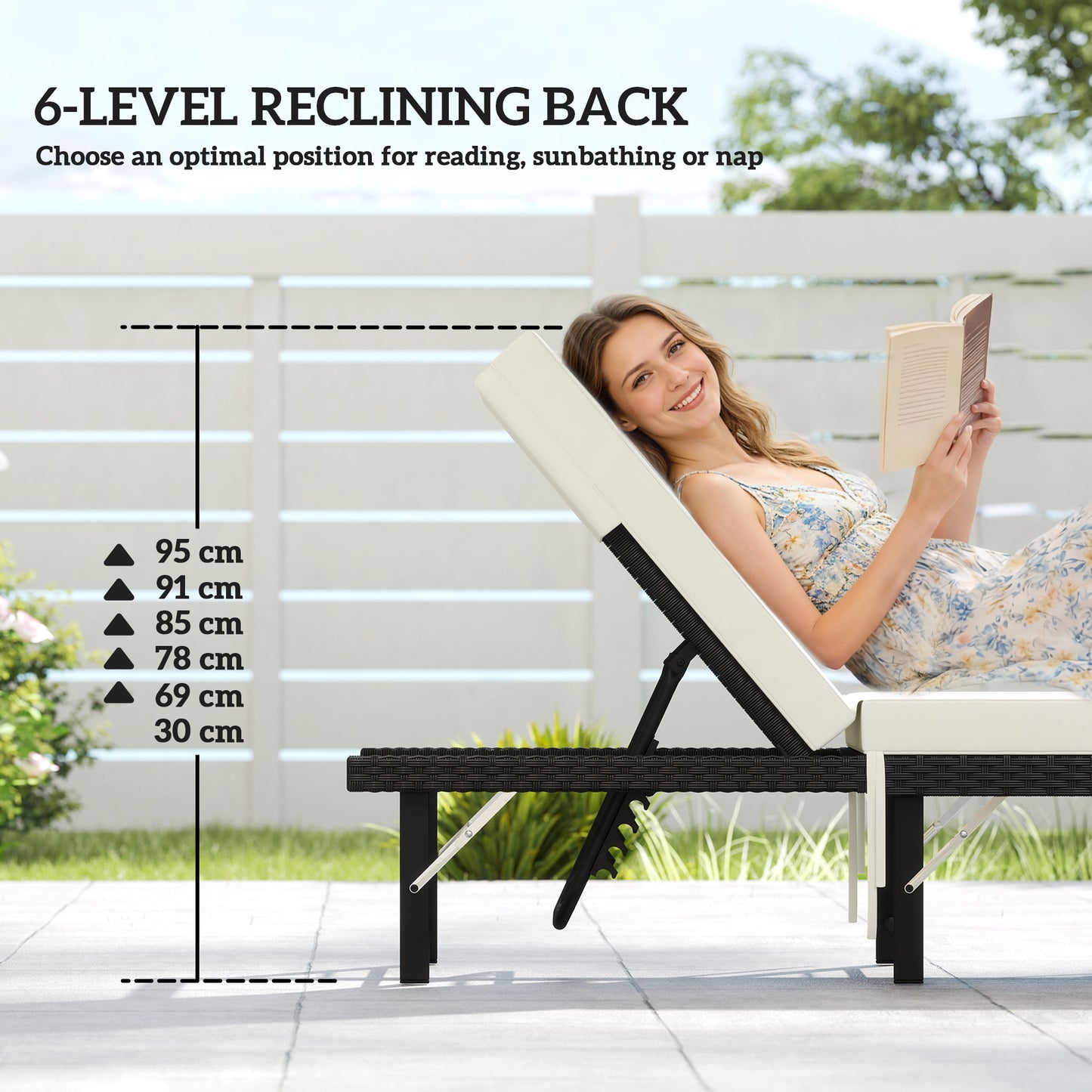 Outsunny Single Folding Rattan Sun Lounger With Cushion Black Outdoor Recliner Seat