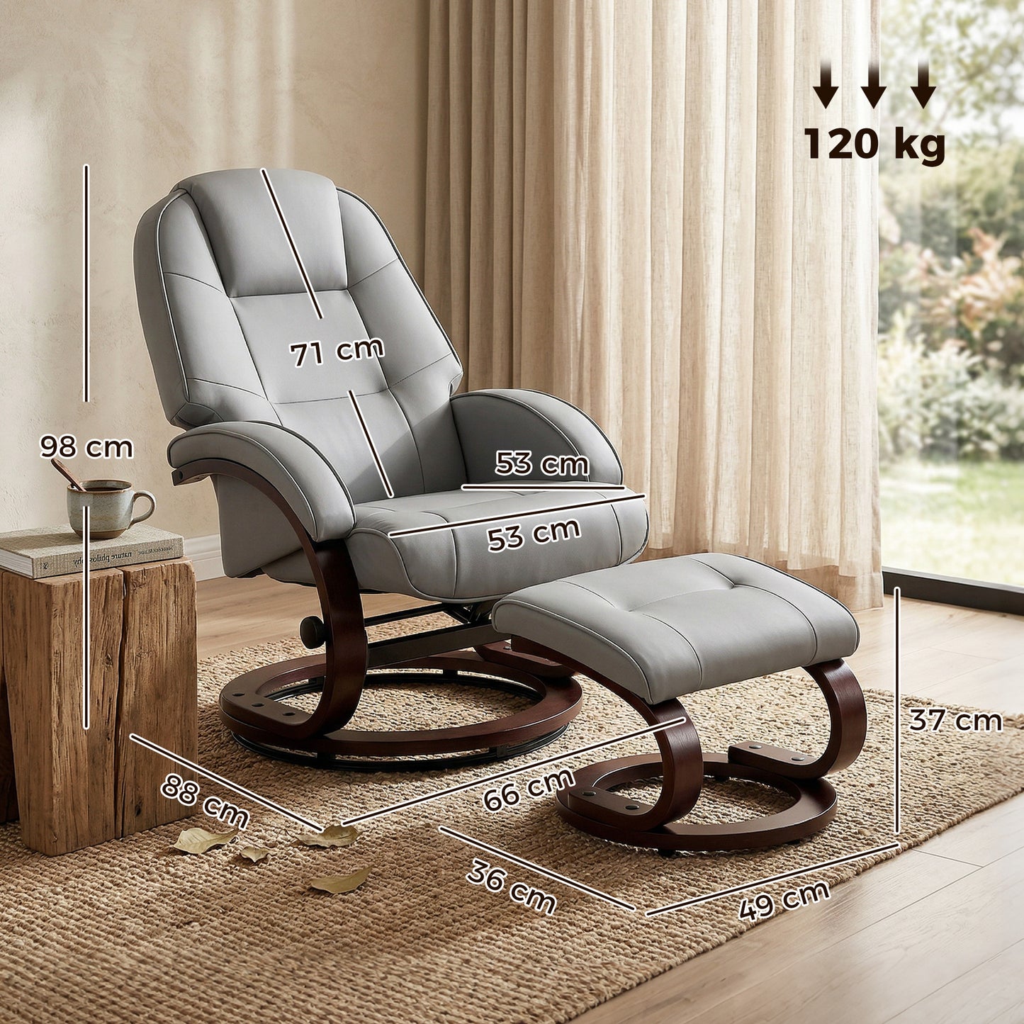 HOMCOM Swivel Recliner Chair With Footstool In PU Leather Adjustable Back Wood Frame Grey