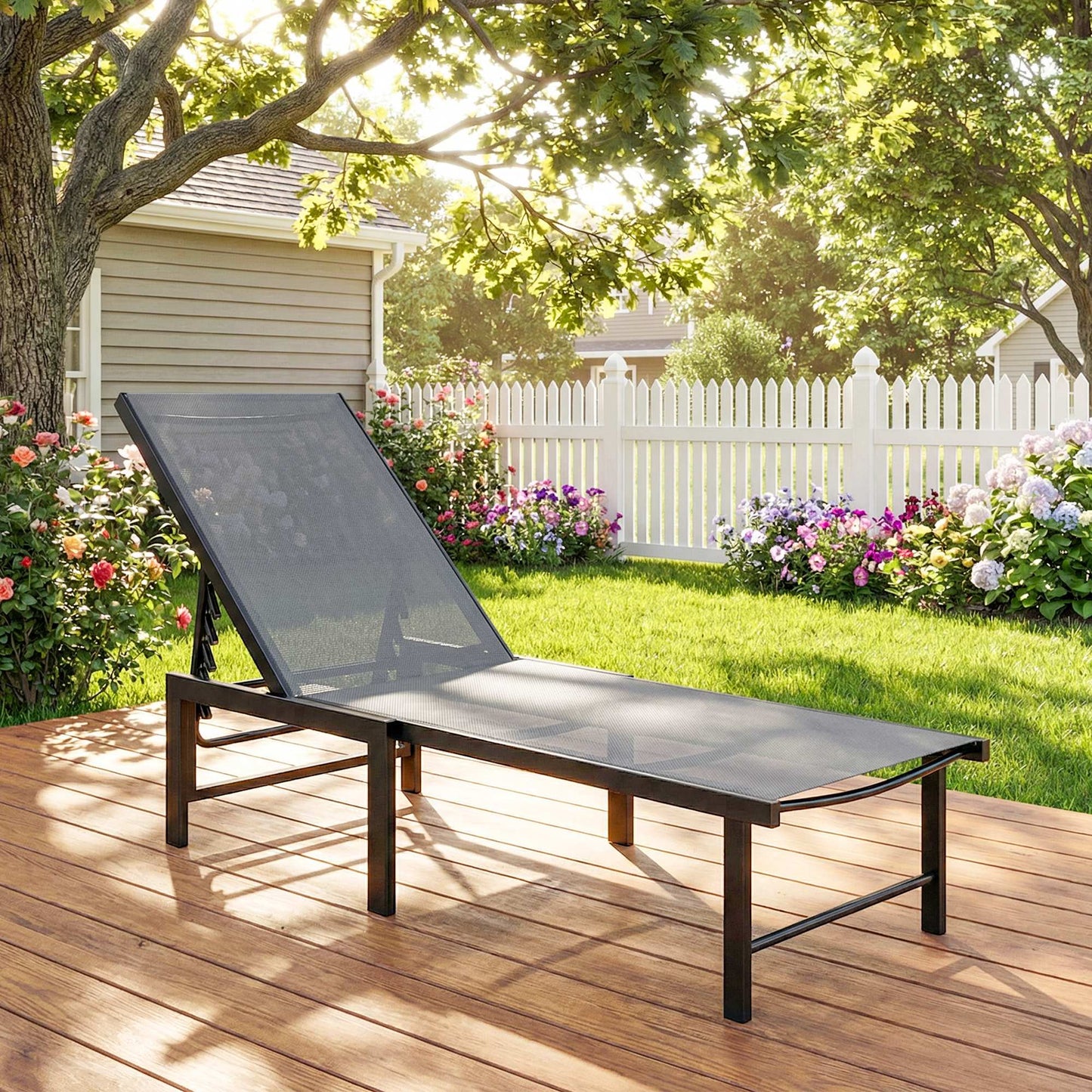 Outsunny Reclining Sun Lounger Grey Adjustable Five Positions Breathable Textiline Seat Powder Coated Steel Frame