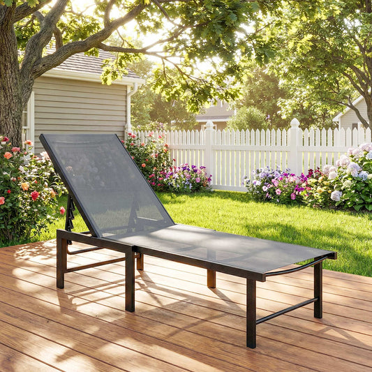 Outsunny Reclining Sun Lounger Grey Adjustable Five Positions Breathable Textiline Seat Powder Coated Steel Frame