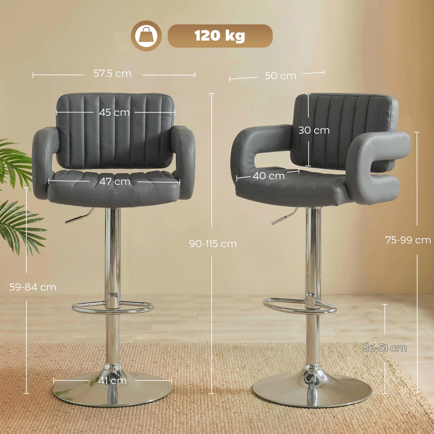 HOMCOM Adjustable Swivel Bar Stools With Backrest And Armrests In PU Leather Grey Set Of 2