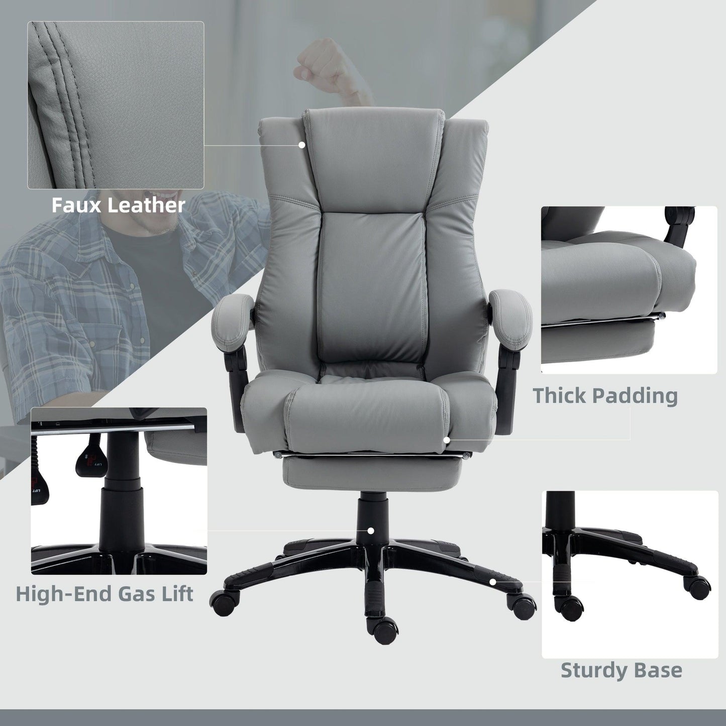 Vinsetto PU Leather Office Chair, Swivel Computer Chair with Footrest, Wheels, Adjustable Height, Grey - ALL4U RETAILER LTD