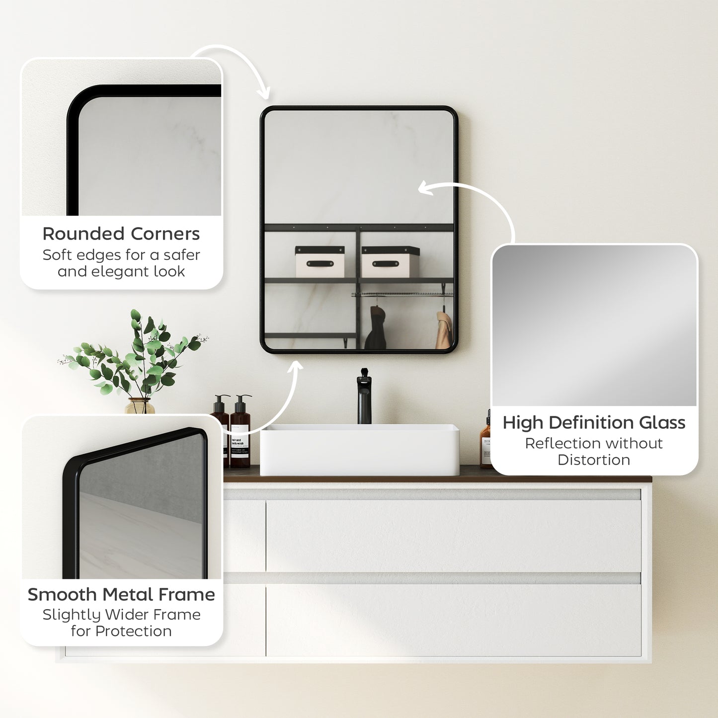 HOMCOM Rectangular Wall Mirror With HD Glass Black Metal Frame Dual Hanging Options Warp Free Design
