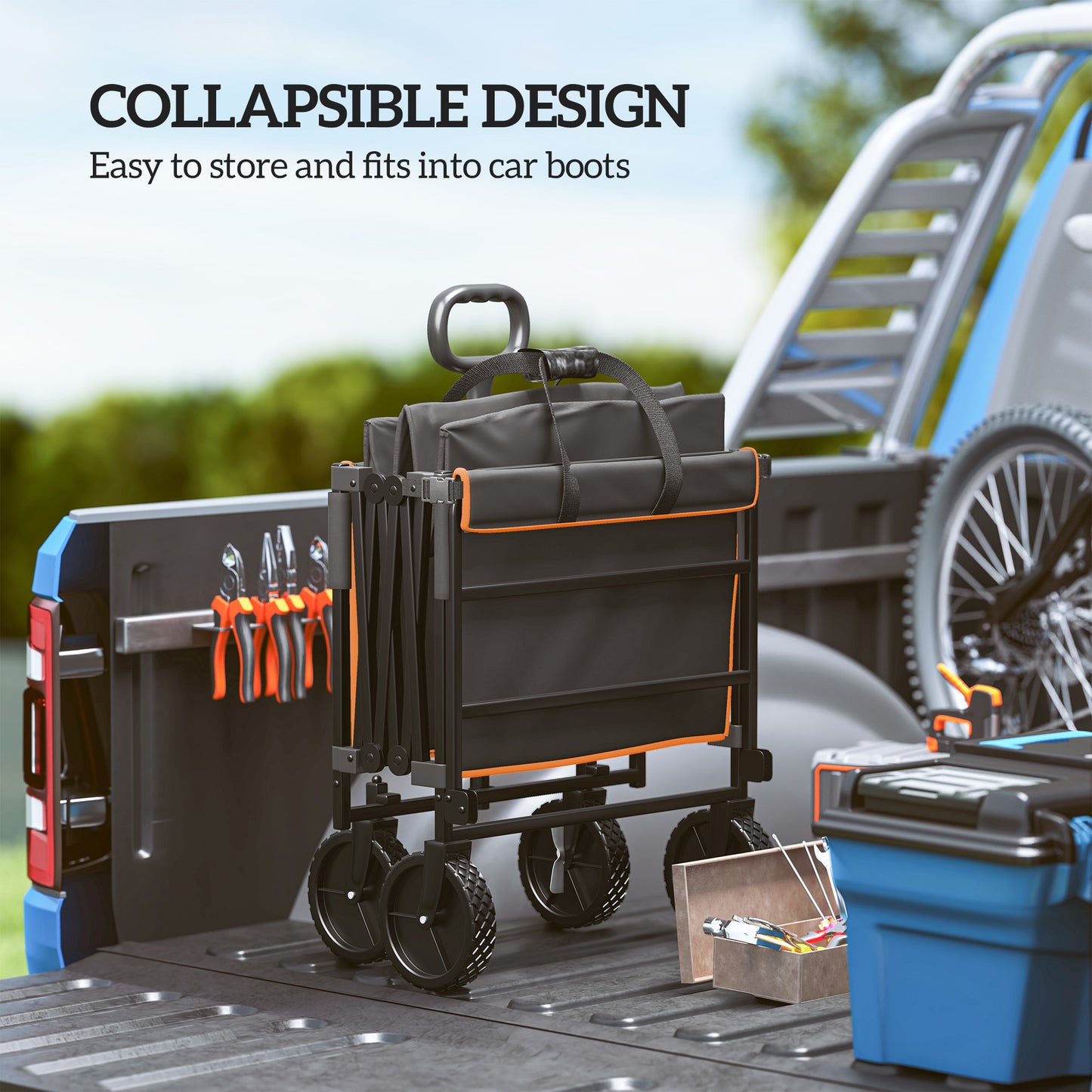 Outsunny 160L Festival Trolley On Wheels Folding Camping Cart With Tailgate 100kg Carry Bag Black And Orange