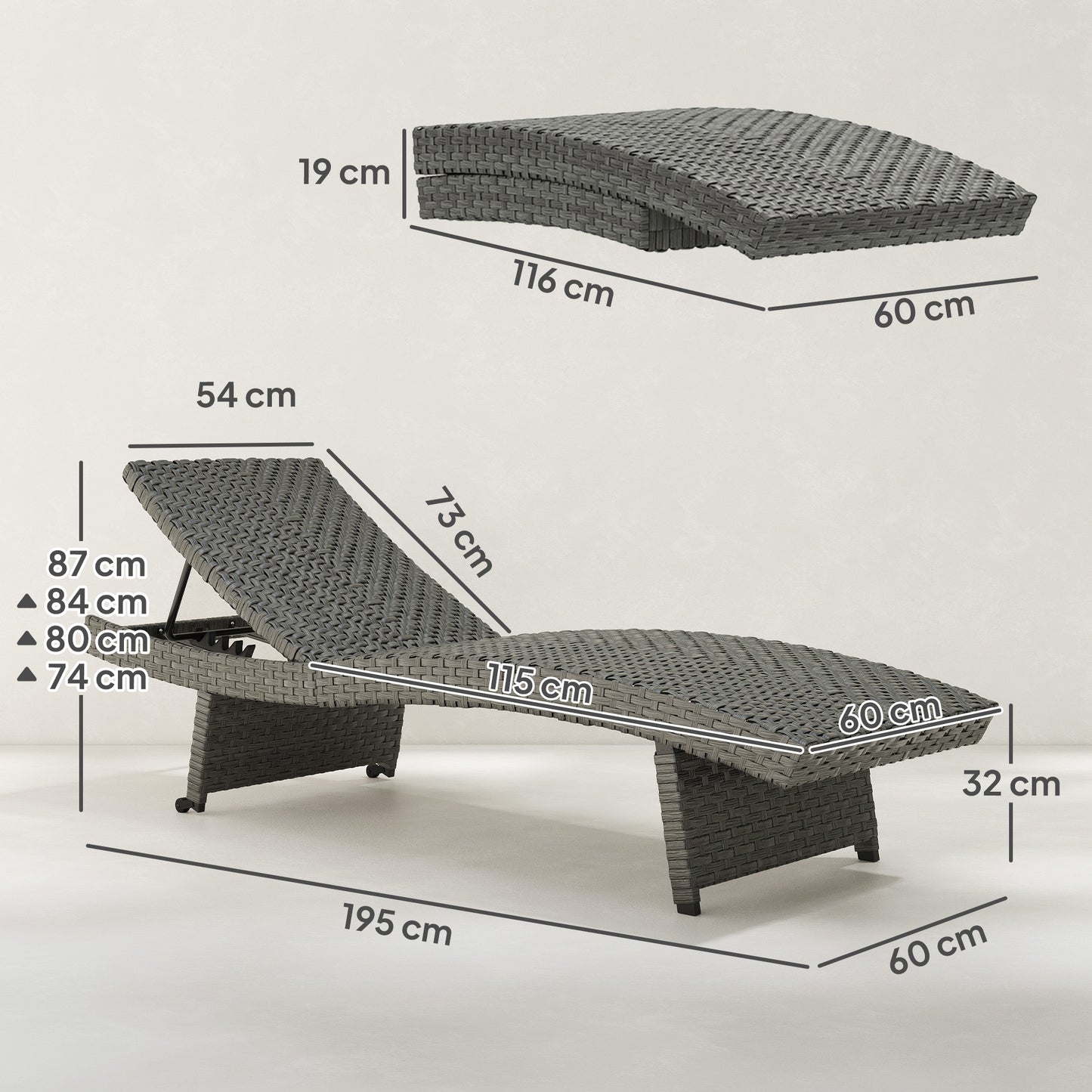 Outsunny Outdoor PE Rattan Sun Lounger Folding Wicker Garden Lounger Recliner With 4 Level Adjustable Backrest Wheels