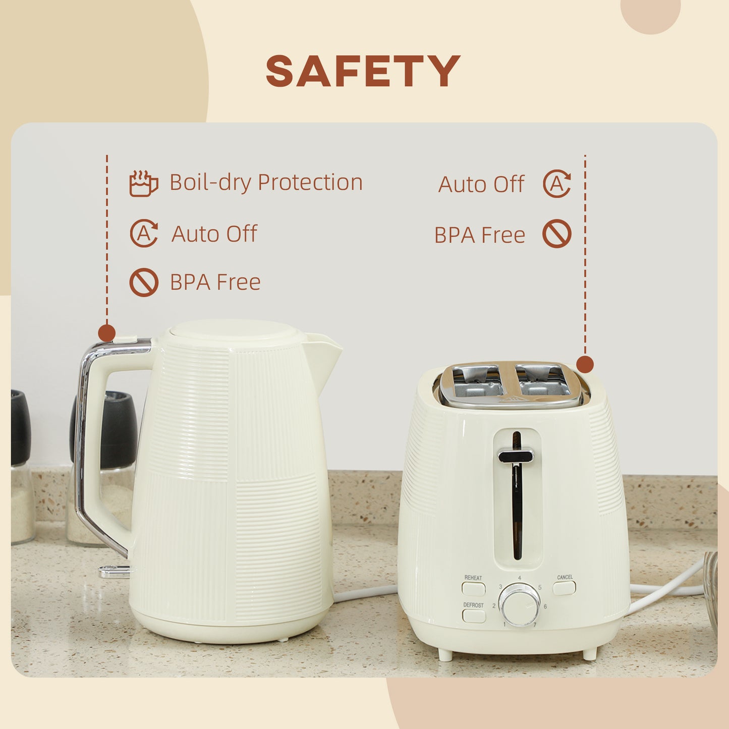 HOMCOM Cream Kettle And Toaster Set 1.7L 3000W Fast Boil Kettle With 7 Level Browning Defrost Reheat Auto Shutoff