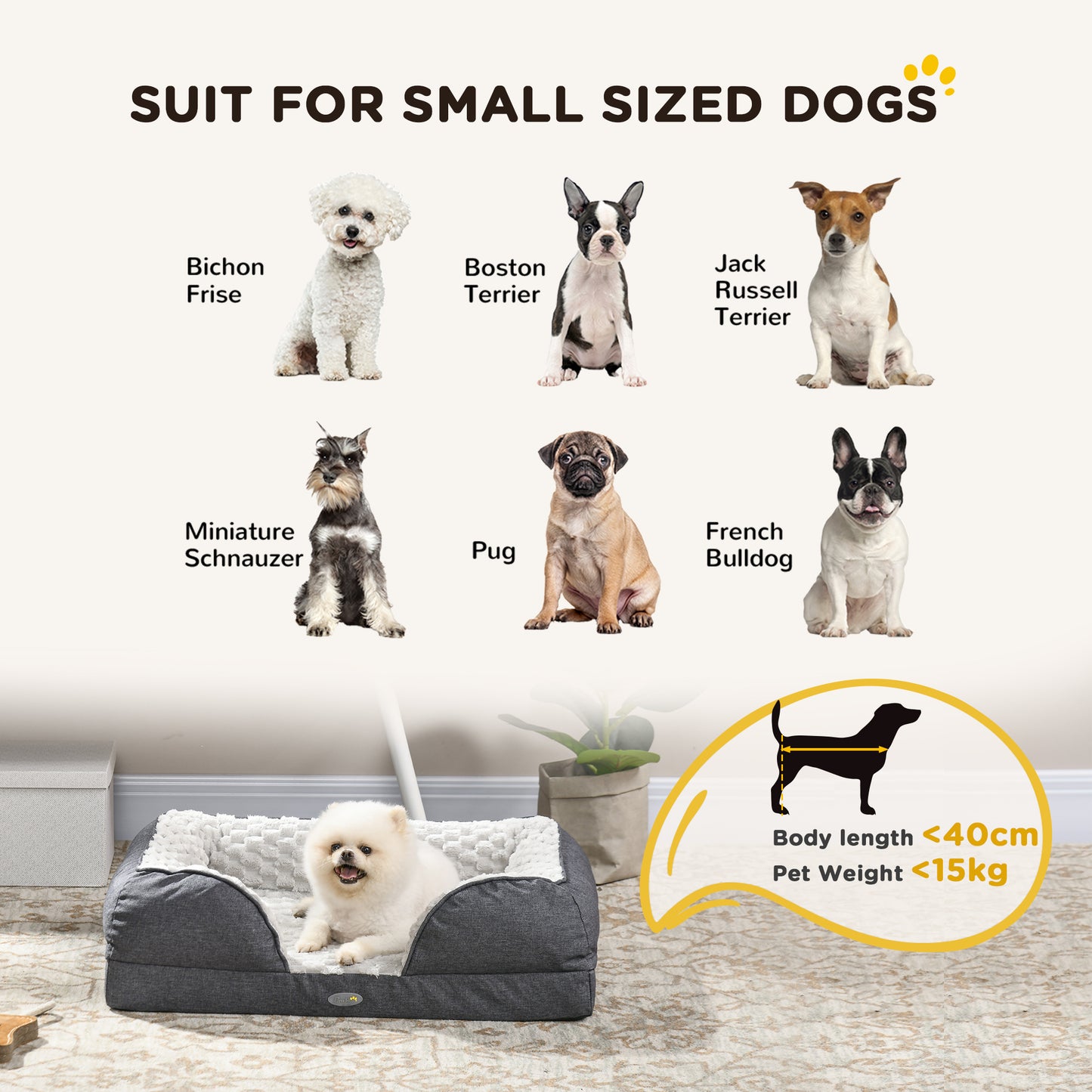 PawHut Cozy Charcoal Grey Dog Bed with Removable Cover, Anti-Slip Base for Small Pets - 70L x 50W x 18Hcm - ALL4U RETAILER LTD