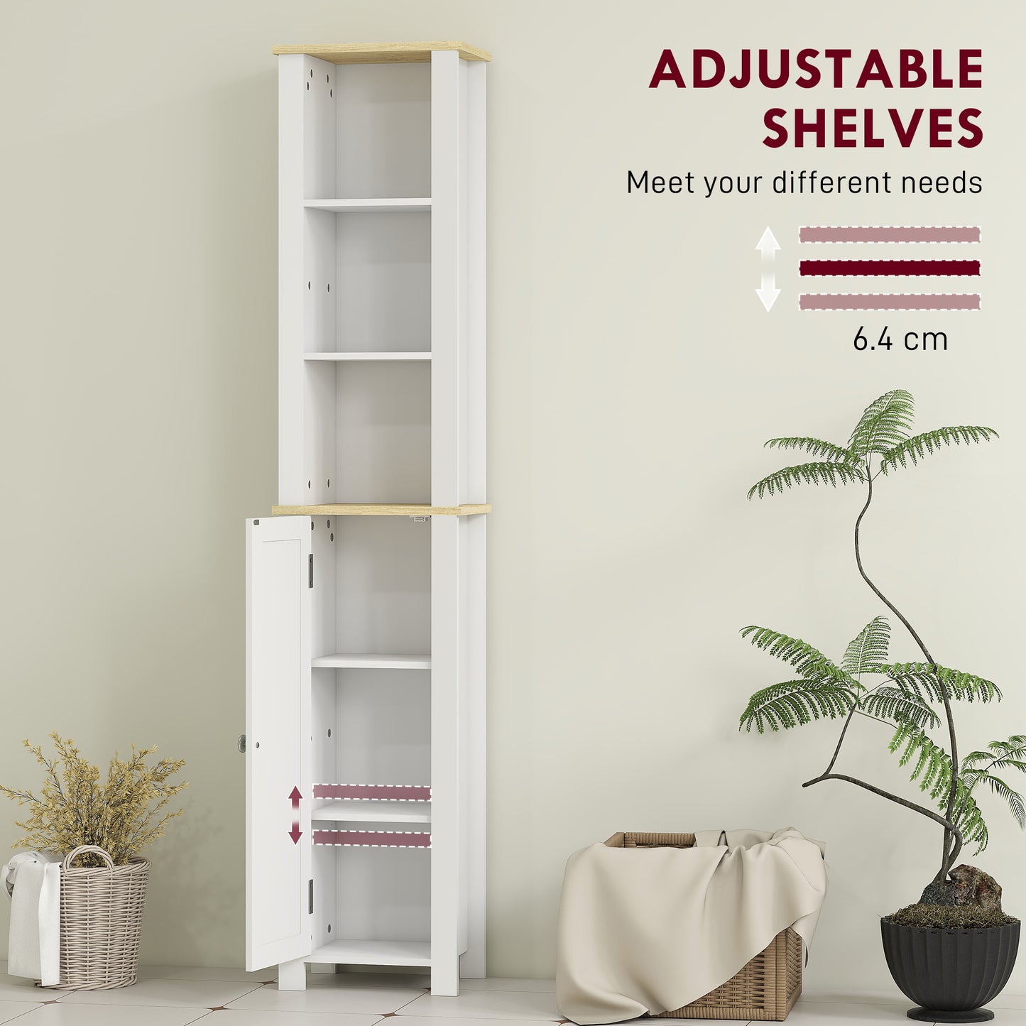 Kleankin Slim Bathroom Storage Cabinet With Three Open Compartments And Adjustable Shelves White 34 x 23 x 165 Cm