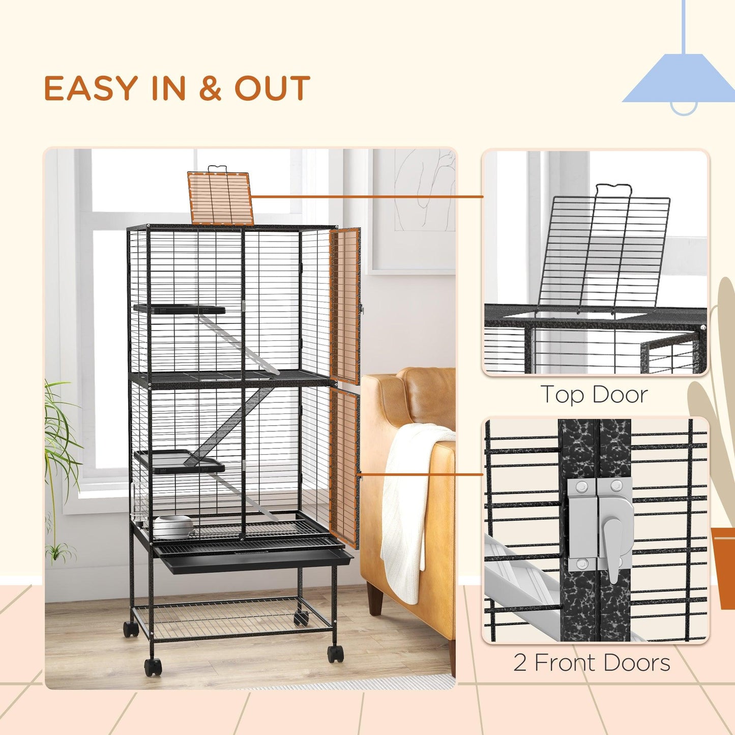 PawHut Rolling Chinchilla Cage, Small Animal Cage for Ferrets w/ Three Doors, Storage, Shelf, Tray Tray, Bowl, Water Bottle - ALL4U RETAILER LTD