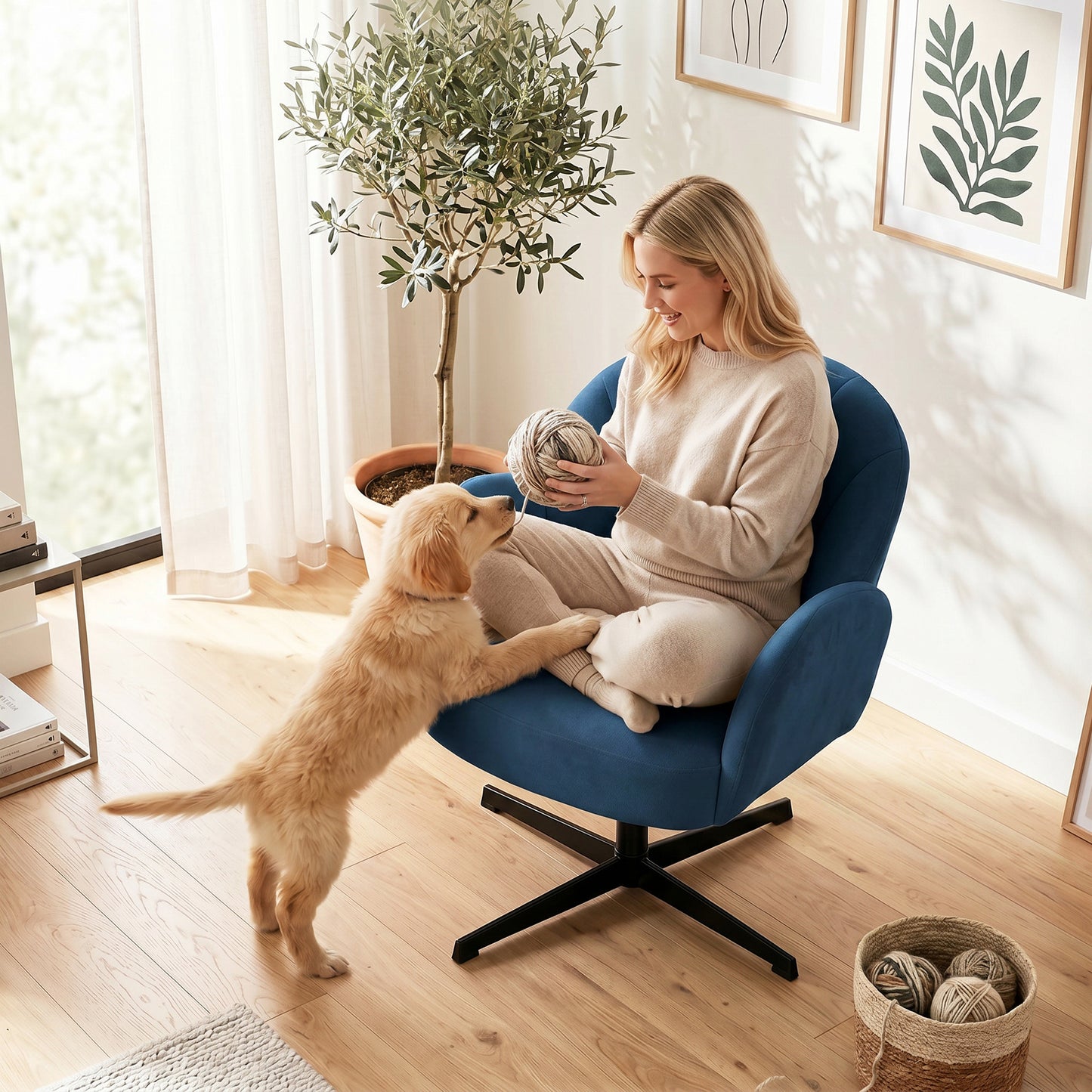 HOMCOM Swivel Accent Chair Shell Shaped Armchair With Spring Cushion And Metal Base Dark Blue