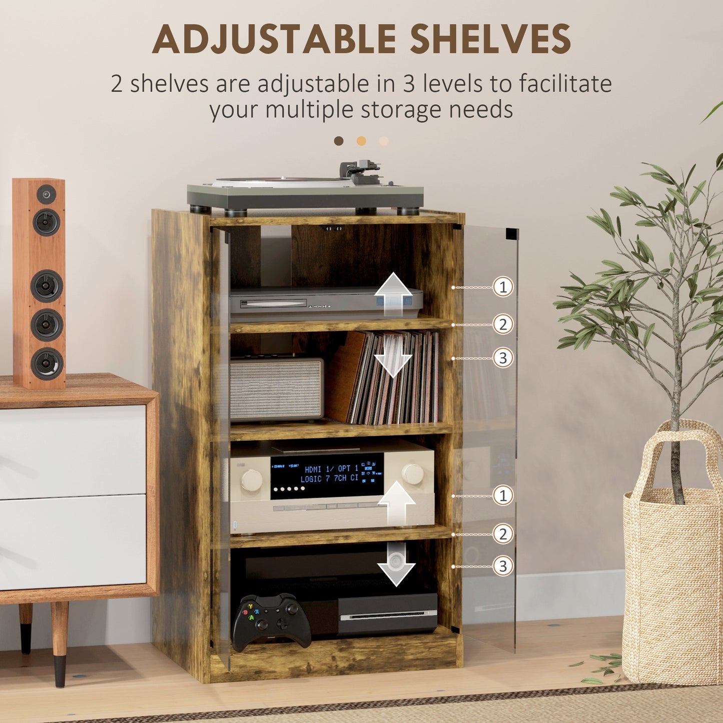 HOMCOM 4 Tier HiFi Record Player Stand With Adjustable Shelves And Push To Open Glass Doors Rustic Brown