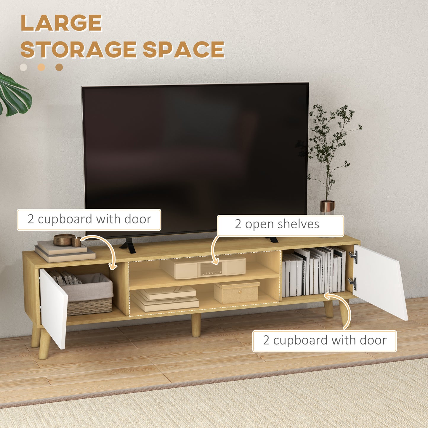 HOMCOM Modern Oak and White TV Stand Cabinet for TVs up to 65" with Storage Shelves and Soft Closing Doors, Ideal for Living Room or Bedroom - ALL4U RETAILER LTD