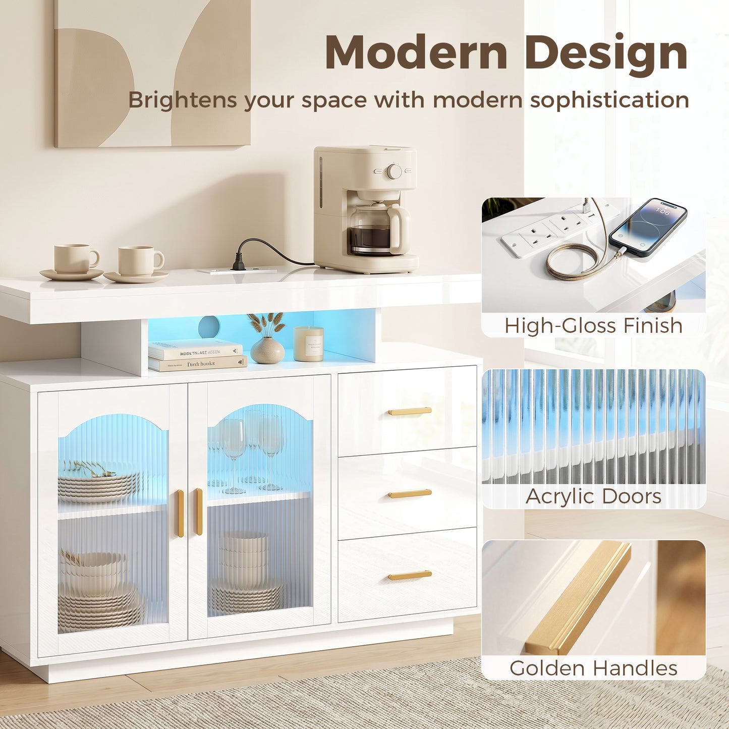 HOMCOM High Gloss Sideboard With LED Lights Built In Power Outlets 3 Drawers Shelves And 2 Acrylic Doors White