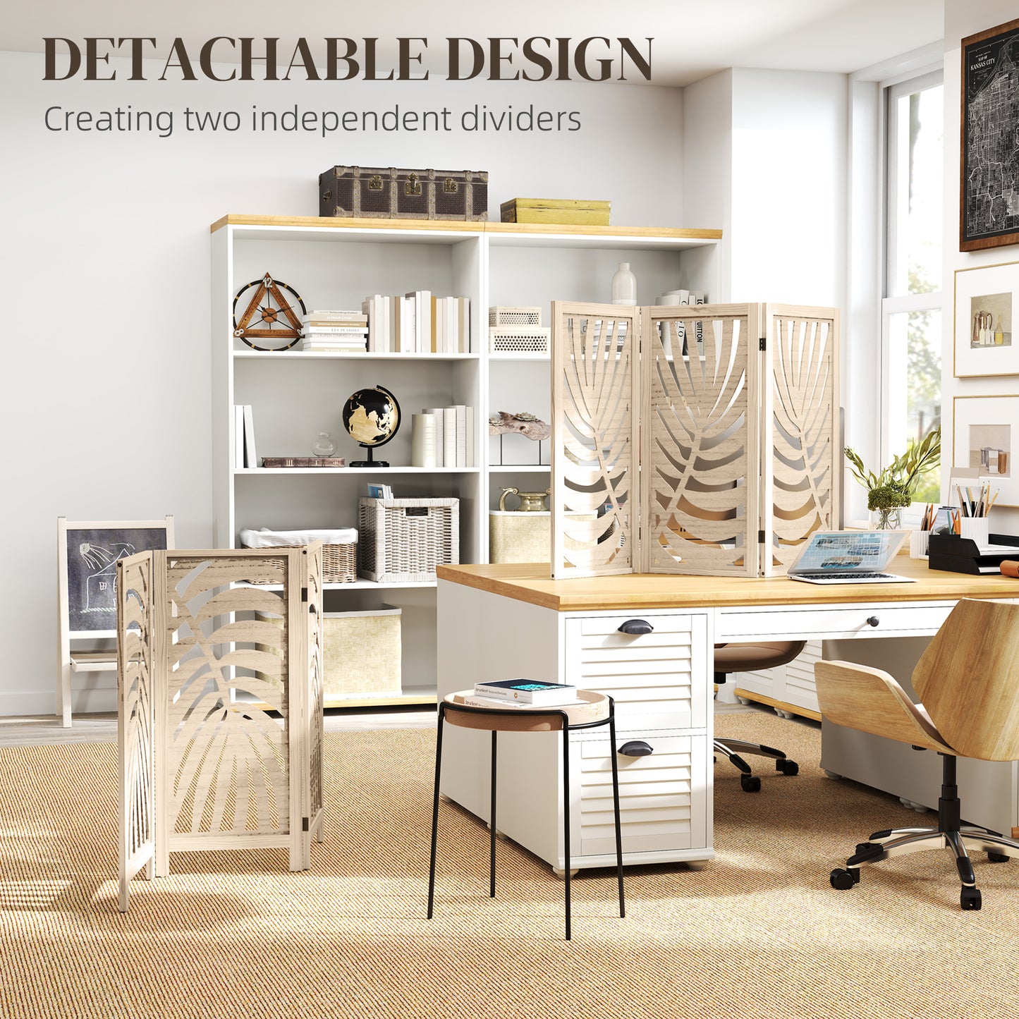 HOMCOM 3 Panel Room Divider With Palm Leaf Design Detachable Folding Privacy Screen Wood Finish For Home Office
