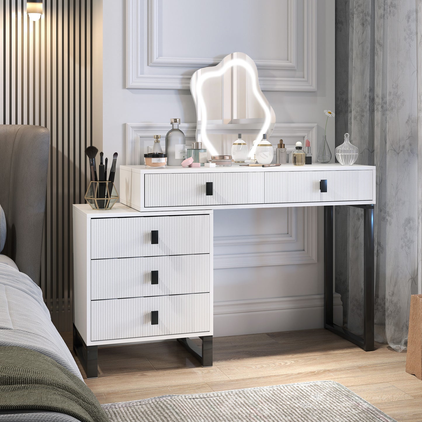 HOMCOM Dressing Table Vanity Desk With Leaf Shape Mirror 5 Drawers 3 Color LED Lights 100x40cm Tabletop White