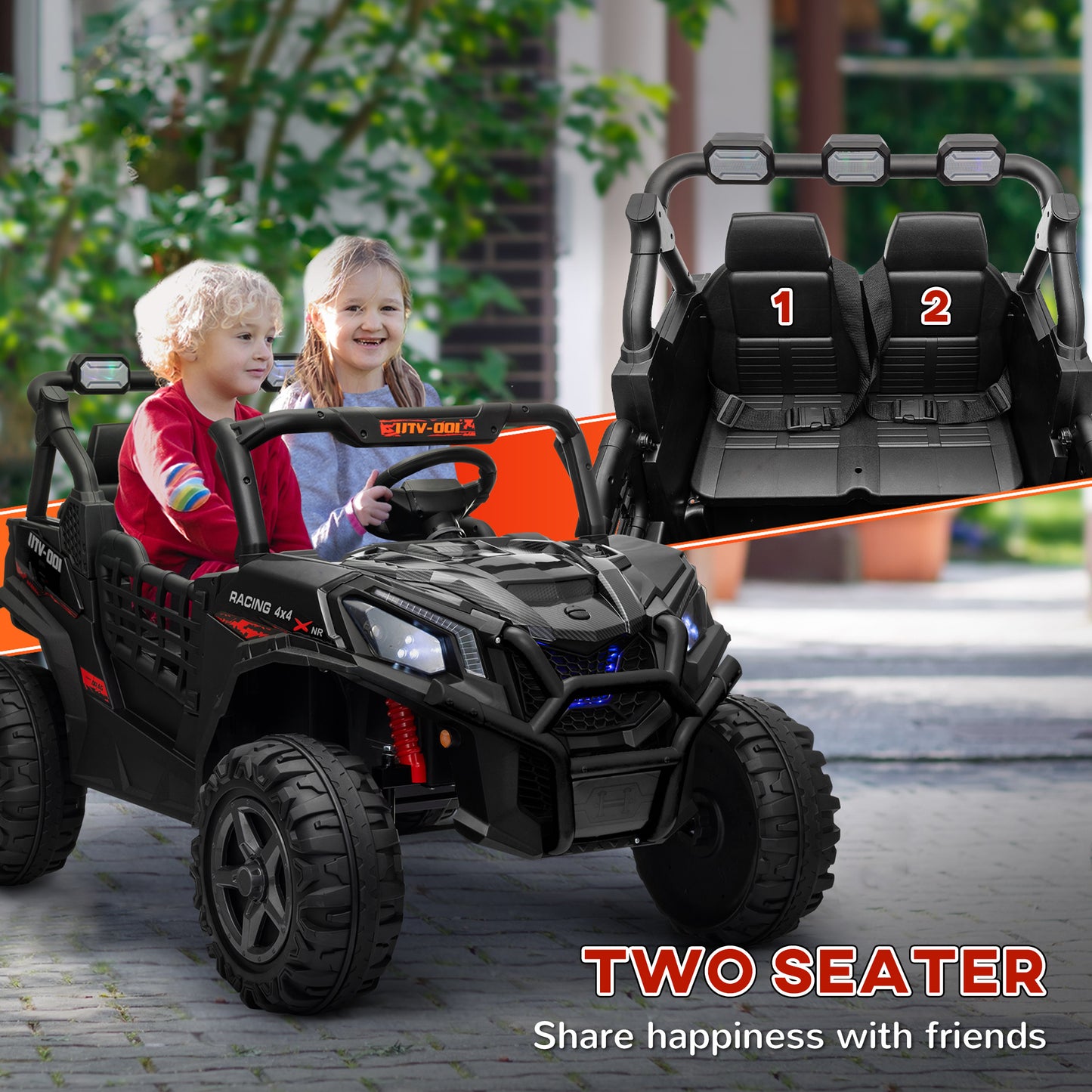 AIYAPLAY 24V Black 2-Seater Kids Electric Ride-On Car with Remote Control, Suspension, Slow Start & 3 Speed Options for Ages 3-8