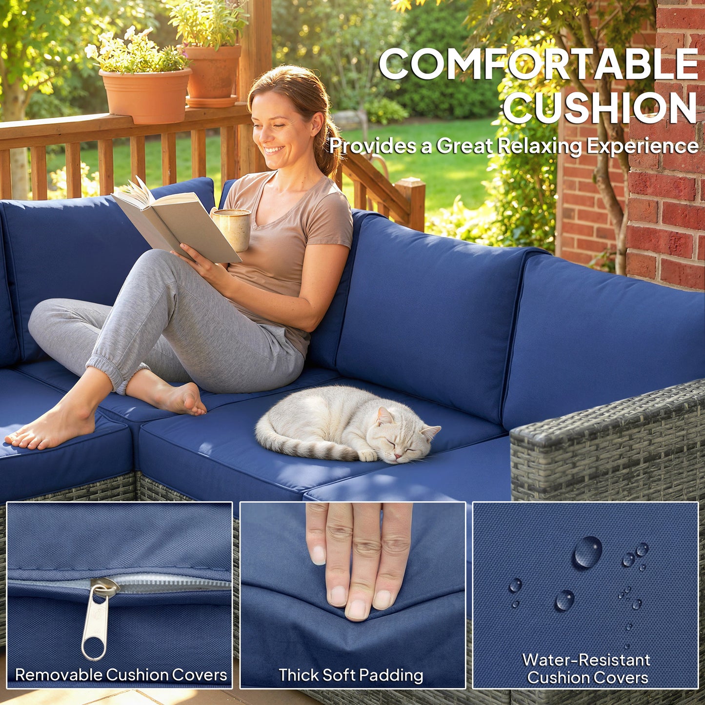 Outsunny Four Piece Rattan Patio Sofa Set With Cushions And Glass Table In Blue