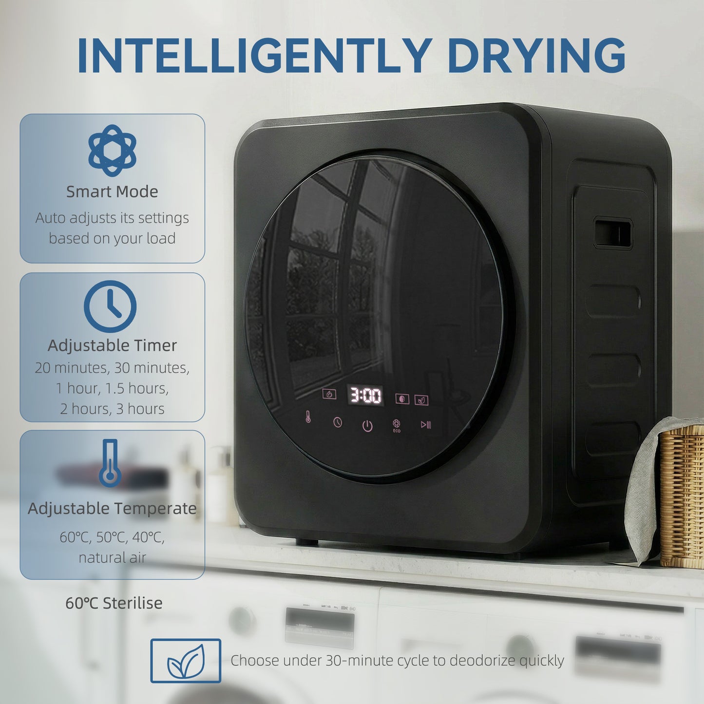 HOMCOM Vented Tumble Dryer 4 Kg Front Tumble Dryer 800W Compact Freestanding Black With Stainless Steel Drum