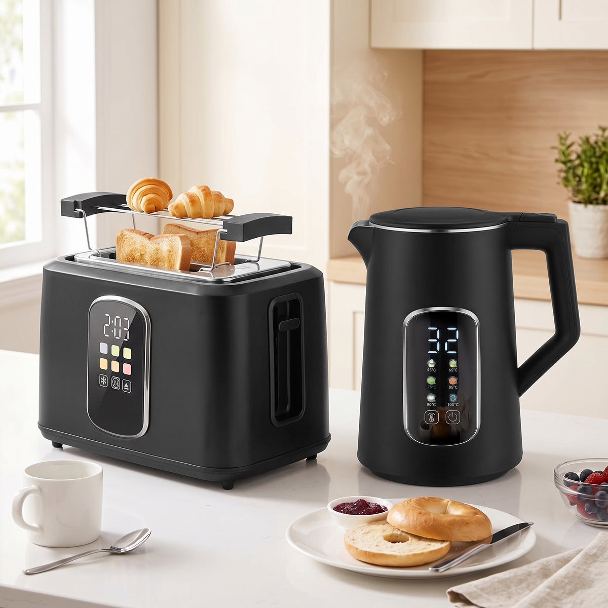 HOMCOM Kettle And Toaster Set With LED Touch Screen, 6 Browning Levels, Black