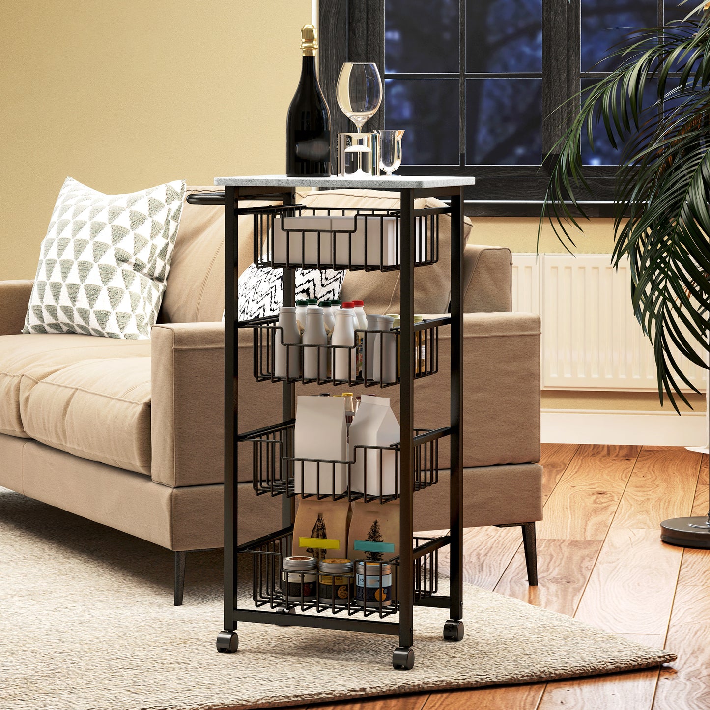 HOMCOM Four Basket Mobile Kitchen Island With Brakes Grey And Black With Marble Effect Countertop
