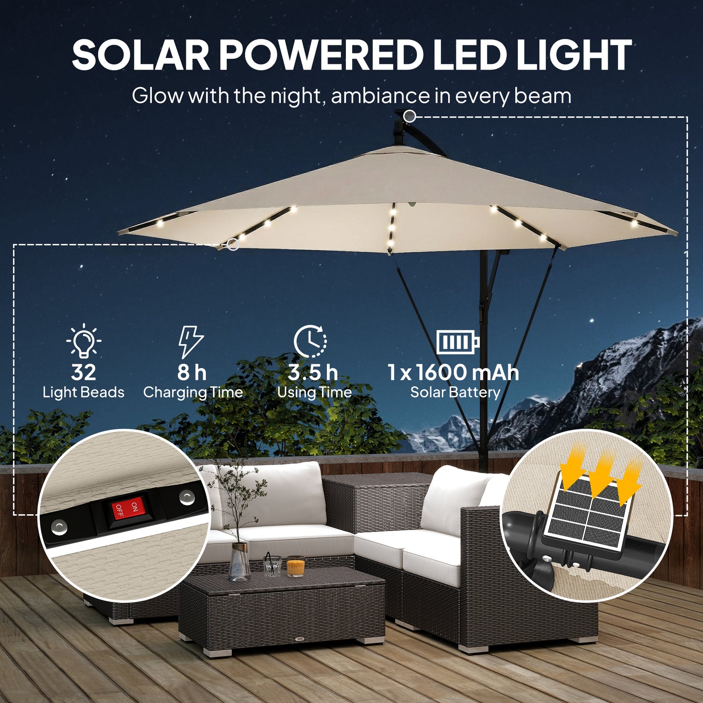 Outsunny 3 Meter Cantilever Parasol With Solar LED Lights Garden Umbrella Cream White Cross Base