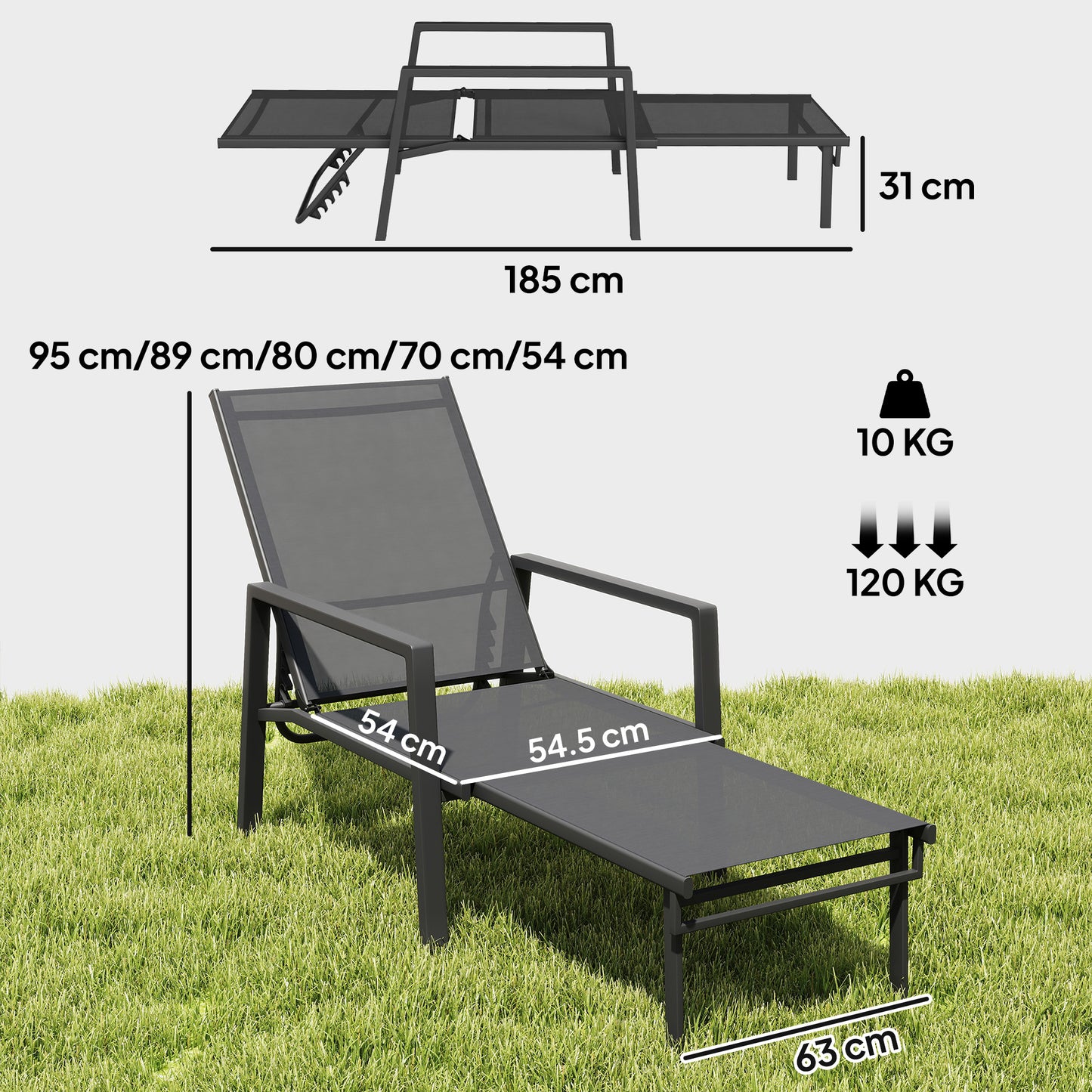Outsunny Sun Lounger With Retracable Footrest 5 Position Adjustable Steel Frame For Beach Porch Patio Camping Dark Grey