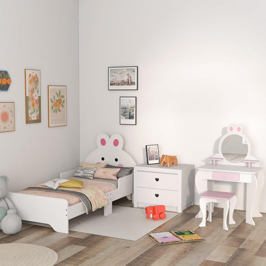 ZONEKIZ Wooden Kids Bedroom Furniture Set with Kids Dressing Table, Stool, Bed, for 3-6 Years, Bunny-Design - ALL4U RETAILER LTD