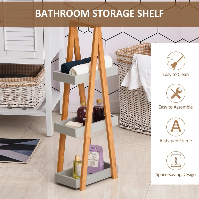 Kleankin 3-Tier Bamboo Bathroom Storage Shelves: Freestanding A-Frame Toilet Rack for Space Saving Organization - Natural Slim Shelving Unit