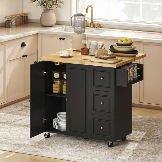 HOMCOM Kitchen Island On Wheels Rolling Kitchen Storage Trolley With Drop Leaf Drawers Towel Rack And Spice Rack Black