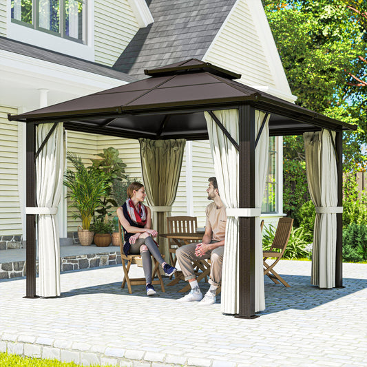 Outsunny 3x3m Hardtop Gazebo With UPF30 Polycarbonate Roof Aluminum Frame Pavilion Mosquito Netting Curtains Beige