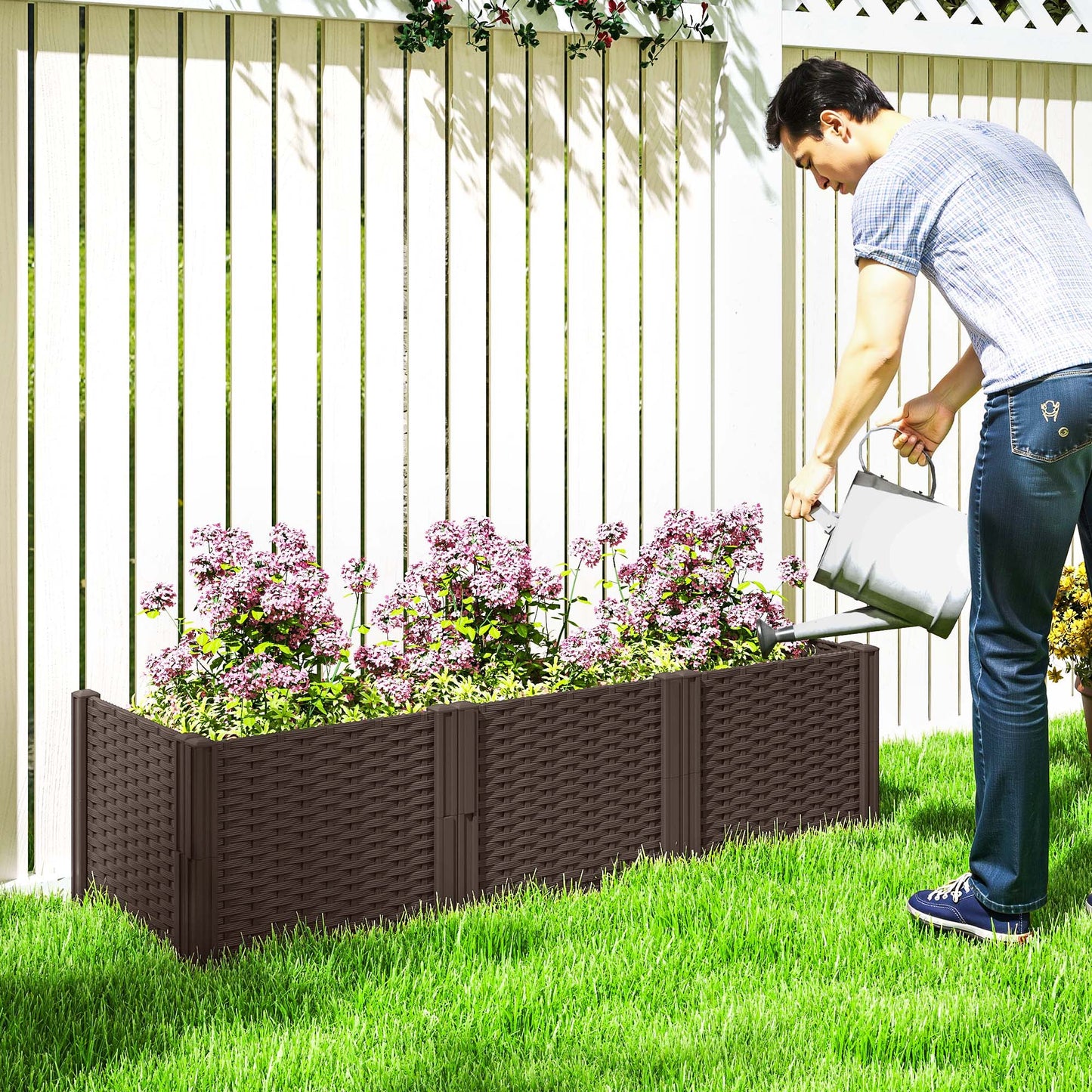 Outsunny Plastic Raised Garden Bed Modular Planter Box Kit Garden Fence Edging Border Flowers Vegetables Herbs Brown