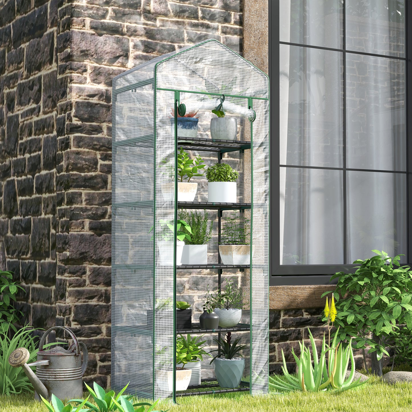 Outsunny 193cm Five Shelf Mini Greenhouse White with Roll Up Door for Small Spaces Balcony Porch