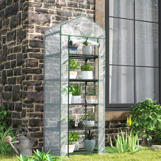 Outsunny 193cm Five Shelf Mini Greenhouse White with Roll Up Door for Small Spaces Balcony Porch