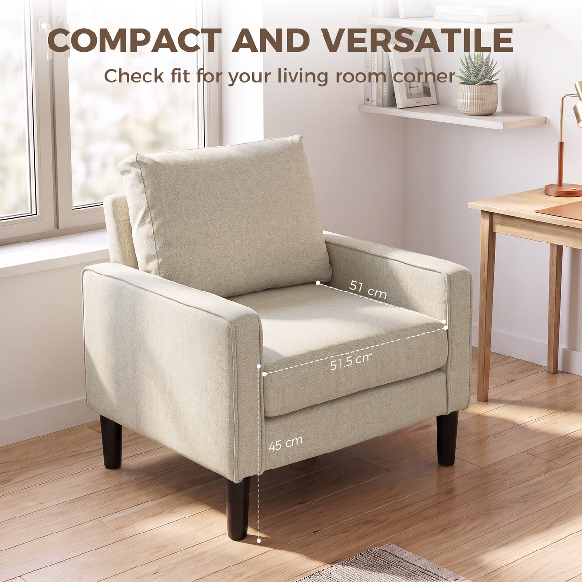 Cream upholstered accent chair with compact frame and padded seat and back